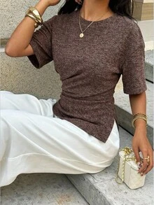 Aloruh Women's Casual Versatile Coffee Brown T-Shirt, Autumn T-Shirt, Round Neck T-Shirt, Waist-Cinching Asymmetrical T-Shirt Brunch Tops Going Out Tops - Rust Brown - View 4