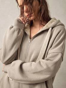 Bohemela Women's Solid Color Drop Shoulder Long Sleeve Zipper Front Drawstring Hooded Fleece Sweatshirt - Apricot - View 3