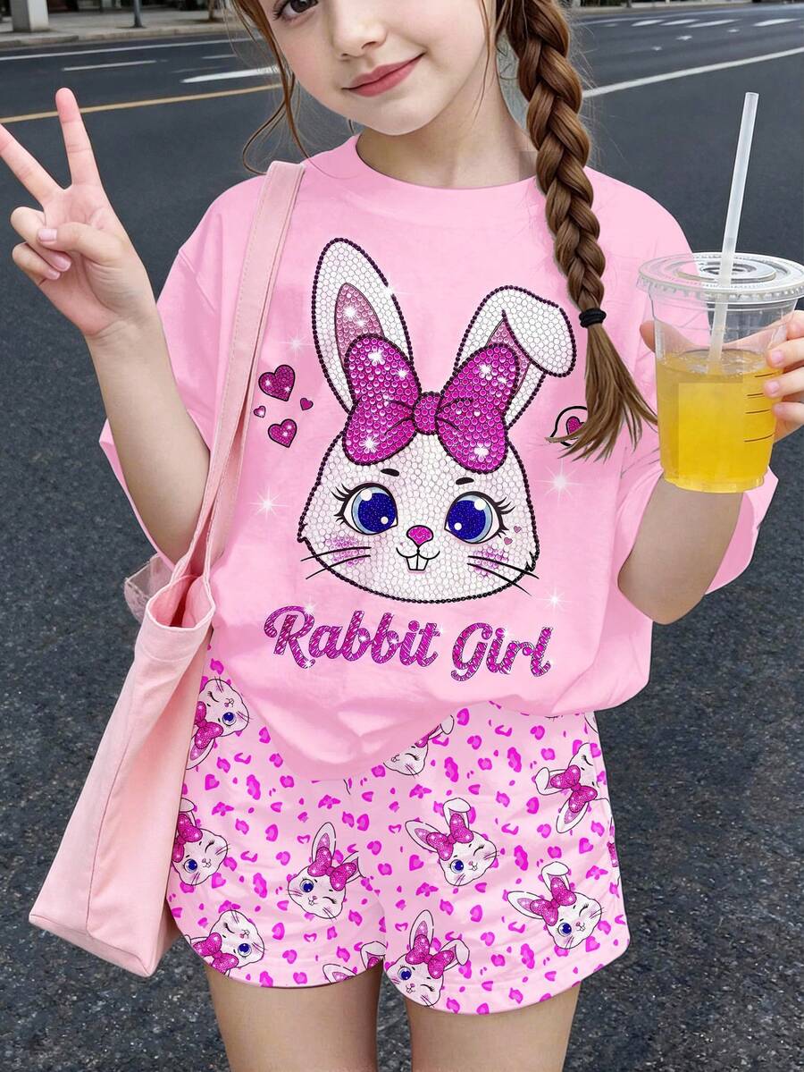 可愛甜美粉色卡通兔子豹紋愛心圖案,青少年女孩休閒極簡短袖上衣與短褲2件套,適合夏季,街頭復古風,舒適自在,兒童秋季疊穿,Y2K,運動穿搭,外出,街頭風,校園,Chill Chill - 彩色 - 查看 1