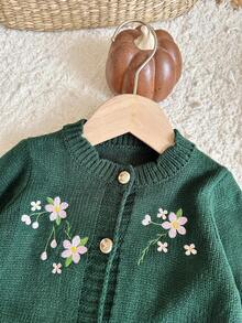 SHEIN Baby Girl Knitted Solid Color Embroidered Pattern Round Neck Casual Cardigan - Green - View 8