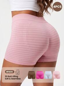 Barelissa 4pcs Women Plus Size Boyshorts High Waisted Stretch Anti Chafing Underwear Curve Striped Seamless Breathable Comfortable Brown Hot Pink Summer - Multicolor - View 4