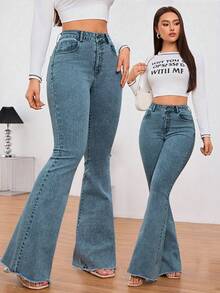 SHEIN Tall 純色口袋鈕扣拉鍊寬腿牛仔褲，適合日常穿著，適合高個女性 - 深色水洗藍 - 查看 6