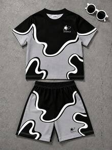 SHEIN Baby Boy Letter Print Contrast Color Short Sleeve T-Shirt And Shorts Casual Set - Multicolor - View 1