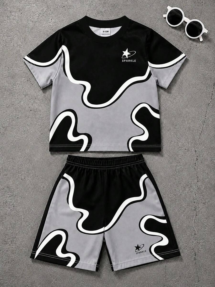 SHEIN Baby Boy Letter Print Contrast Color Short Sleeve T-Shirt And Shorts Casual Set - Multicolor - View 1