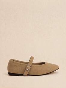 Rosivie 法式復古卡其色毛巾面瑪麗珍鞋女款，扣飾軟底平底鞋，百搭低鞋口鞋 - 卡其色 - 查看 6