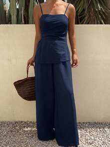 DAZY Women's Solid Color Pleated Camisole Top And Wide Leg Pants Casual Daily 2 Pieces Set Summer Vacation - Navy Blue - View 1