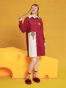 TOM & JERRY X SHEIN Ladies Cartoon Pattern Front Button Shirt Dress Nightgown - Multicolor - View 7