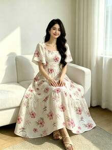 Modelyn 芙蓉花与天堂鸟碎花浅黄色连衣裙，女士时尚方领泡泡袖荷叶边下摆连衣裙，夏季度假风波西米亚连衣裙 - 彩色 - 查看 4