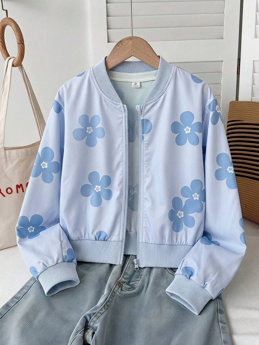 Girls' Floral Plant Leaf Print Short Pastoral Baseball Jacket, Thin Autumn Style