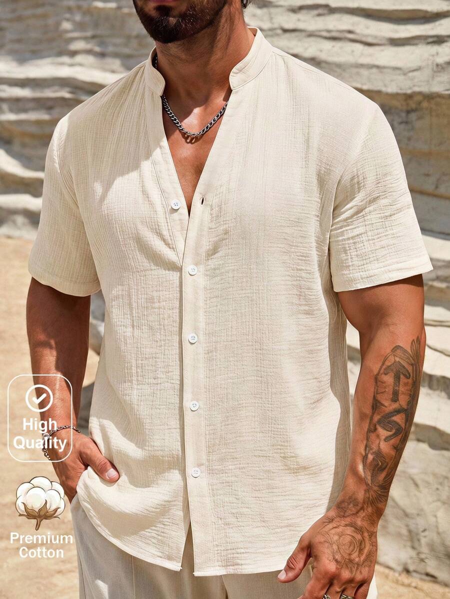 HIMLAND Men's Solid Color Notched V-Neck Short Sleeve Single-Breasted Casual Shirt - White - View 1