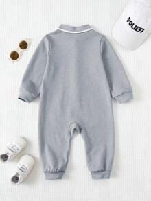 SHEIN 新生兒男嬰/女嬰秋冬款可愛卡通圖案 Polo 領長袖連身衣 - 灰色 - 查看 2