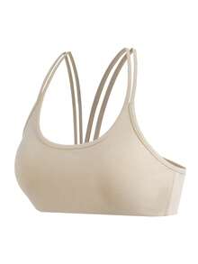 SHEIN Cheerettes 女款黃色休閒日常運動內衣 2件組 柔軟彈性面料 可拆式胸墊 多條式背帶 適合瑜珈健身房穿著 - 杏色 - 查看 6