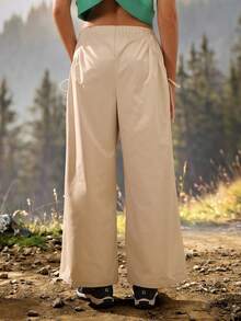 Exploreva Exploreva Women's Solid Color Elastic Waist Pocket Design Loose Wide Leg Outdoor Long Pants - Apricot - View 2