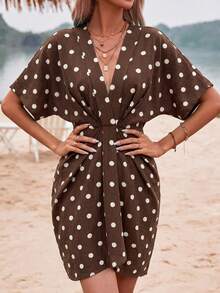 Wandoria Women's V-Neck Ruched Waist Layered Ruffle Cap Sleeve Short Sleeve Romantic Polka Dot Coffee Brown Base Short Dress French Elegant Sophisticated Formal Office Commute Casual Beach Vacation Beach Style Minimalist Afternoon Tea Party Home Leisure Comfortable Bohemian Style Summer Dress - Coffee Brown - View 3