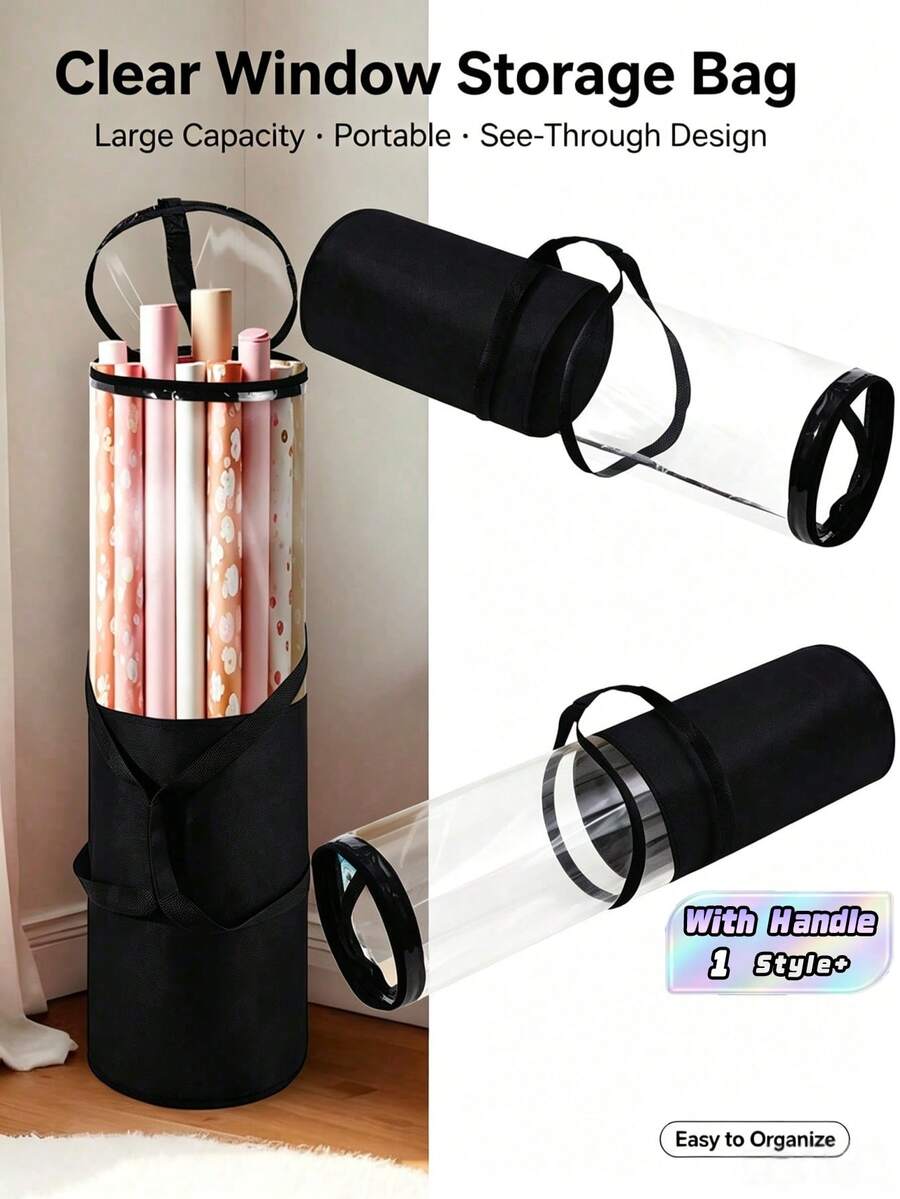 1pc Transparent Gift Packaging Storage Bag, PVC Packaging Paper Storage Bag With Handle, Easy To Carry Tube Container, Transparent Christmas & New Year Gift Packaging Organizer - Half Black - View 1