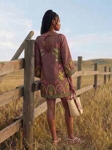 CAJUNI Vacation Casual Tropical Print Mini Dress - Brown - View 2