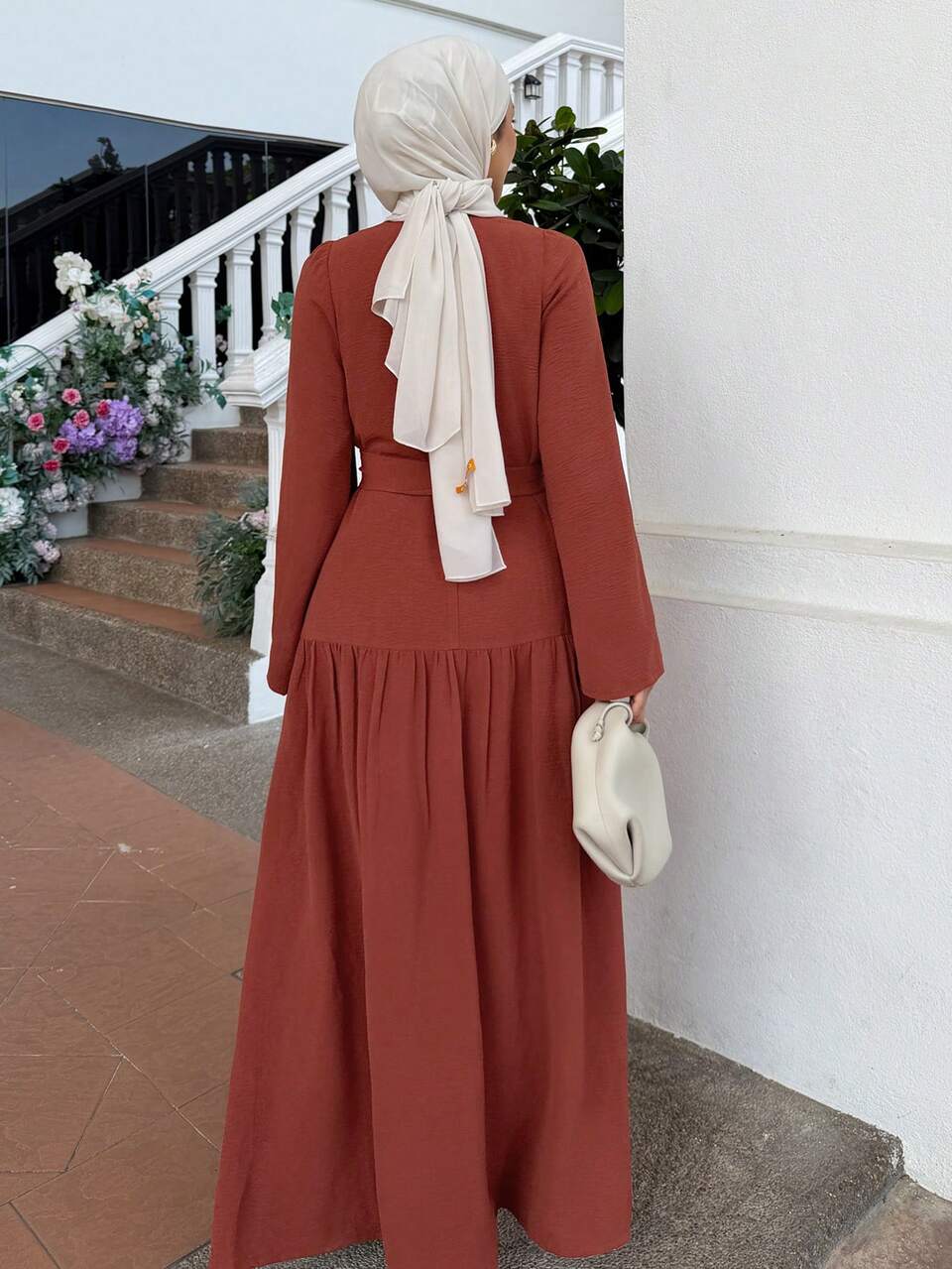 Women's Mid-Length Dress With Round Neck, Flared Long Sleeves, Tie Waist, Rust Brown Textured Fabric, Loose Fit, Ruffle Hem, A-Line Skirt