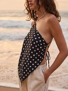 Aralina Beach Resort Summer Asymmetric One Shoulder Sleeveless Relaxed Fit Tank Top - Black and White - View 5
