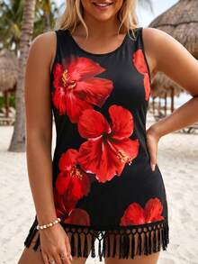 SHEIN Swim Plus Size Women's Striped Pullover Tassel Hem Fashion Cover-Up - Multicolor - View 5