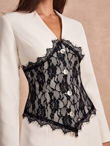 Enchnt Premium Pre-Fall Romantic Women's Elegant White Contrast Color Lace Blazer Dress,Casual Dress,Work Outfits,Formal Wear,Office Outfits For Women - White - View 3