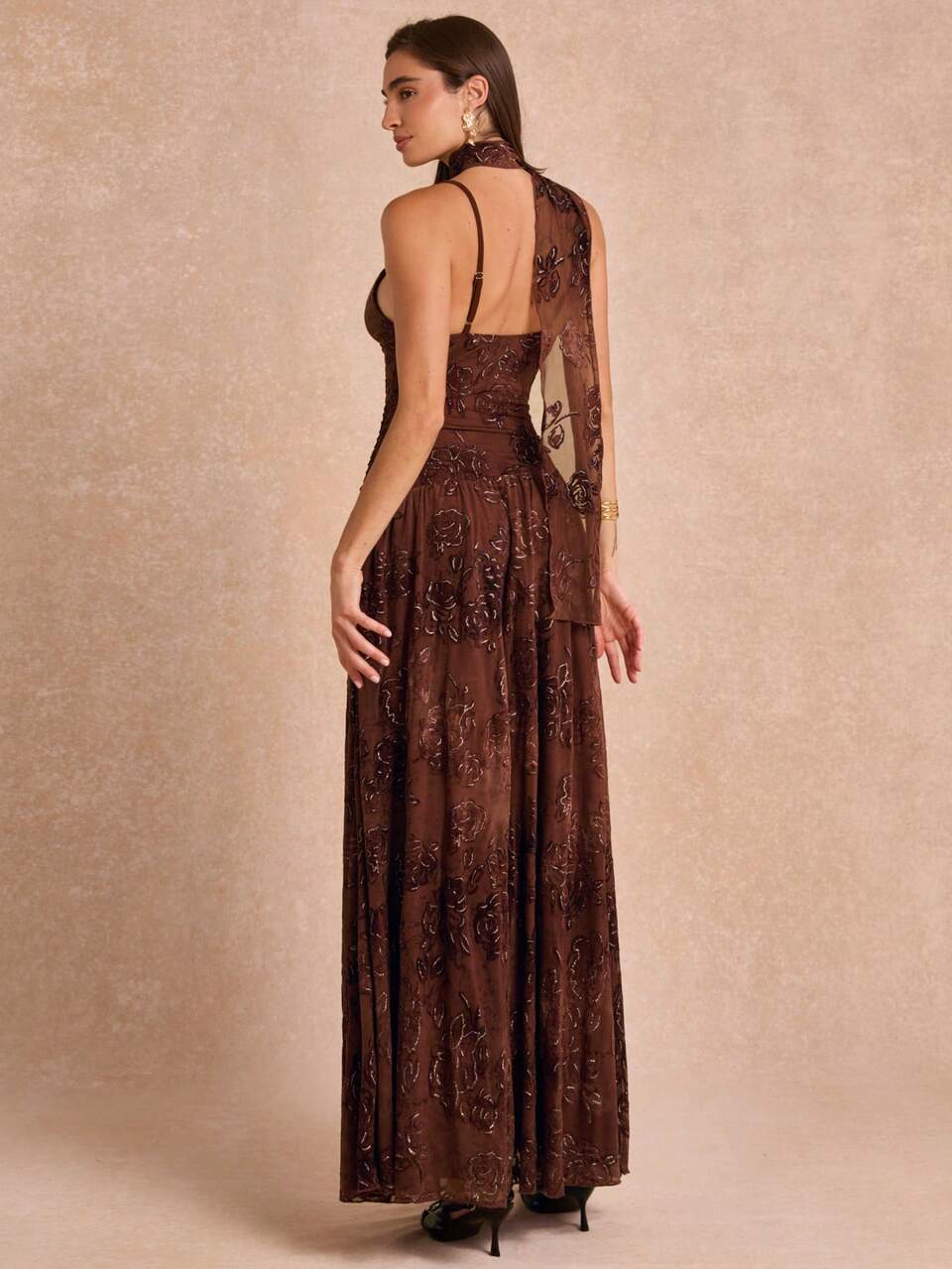 Enchnt Premium Pre-Fall Romantic Women's Elegant Brown Slimming Floral Flocked Dress,Festival Outfits,Casual Dress,Luxury Evening Dress,Birthday Dress