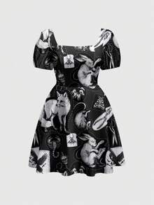 ROMWE Dark Rabbit Fox Moon Sun Star Halloween Gothic Court Style Dark Plus Size Dress - Black - View 1