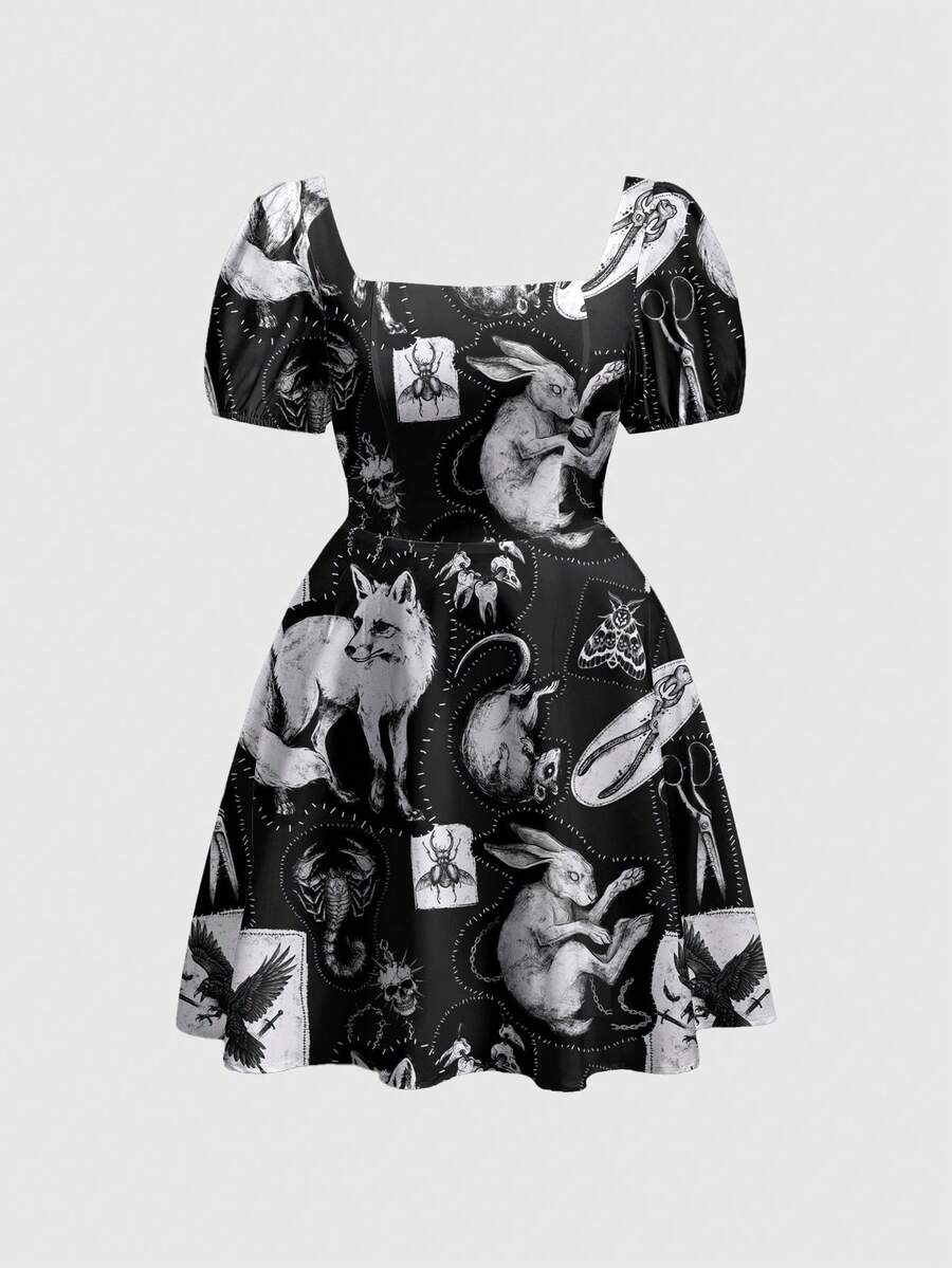 ROMWE Dark Rabbit Fox Moon Sun Star Halloween Gothic Court Style Dark Plus Size Dress - Black - View 1
