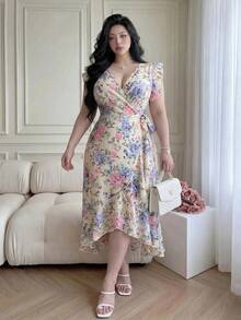 Vibekara Plus Size Women's Ruffle Flutter Sleeve Floral Print Waist-Defining A-Line Woven Dress - Yellow - View 2