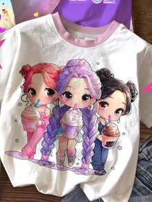 3件套少女休闲卡通女孩肖像图案T恤，彩色渐变，K-Pop巨星图案，圆领短袖基础款T恤，适合春夏穿着 - 彩色 - 查看 3