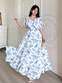 Modelyn 女士短袖连衣裙，女士短袖数码印花收腰连衣裙，披肩袖荷叶边下摆，优雅美丽，尽显迷人风采，时尚优雅，Y2K涤纶面料，适合外出、节日、派对等场合。女士夏季连衣裙，女士约会、派对、度假连衣裙。女士连衣裙，碎花连衣裙，沙滩度假碎花连衣裙 - 白色 - 查看 6