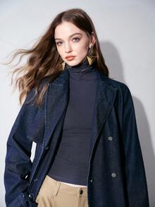 MOTF PREMIUM WOMEN'S AUTUMN DOUBLE BREASTED PLACKET BELTED DENIM COAT - Navy Blue - View 4