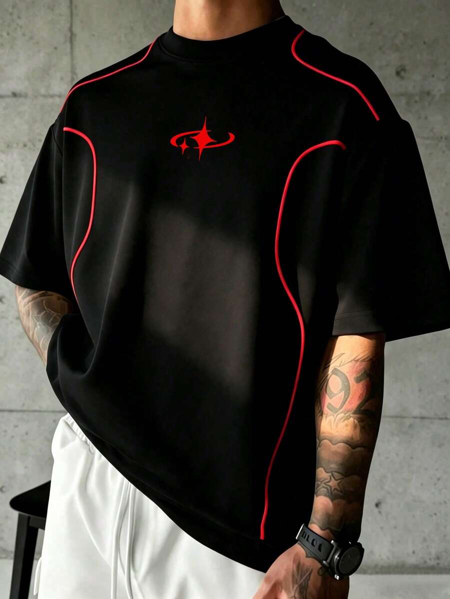 Sport MetroGents Men's Plus Size Geometric Print Casual Fitness Short Sleeve Sports T-Shirt - Black - View 1