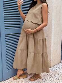 Boho Mama 孕婦純色圓領無袖上衣與可調節腰圍裙子休閒兩件套 - 卡其色 - 查看 8