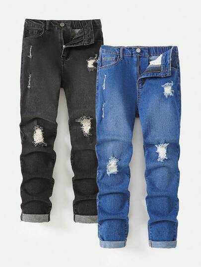 SHEIN 2Pcs Tween Boy Loose And Comfortable Holes And Black Stretchy Stretchy Skinny Jeans