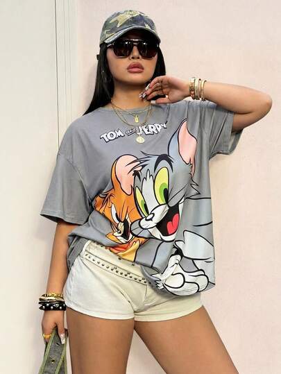 TOM & JERRY X SHEIN Plus Size Letter Cartoon Print Round Neck Casual Traditional Short Sleeve T-Shirt Date Night Dark Green Summer