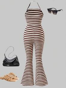 Teen Girls Slim Fit Strapless Bandeau Brown & White Horizontal Striped Knit Textured Jumpsuit, Elastic Skin-Friendly Comfortable Versatile Chic Style For Daily Wear, Outing, Outing, Vacation And Photos - Brown - View 2