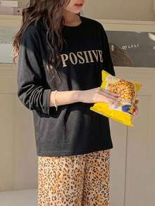 Dazy Kids 青少年女孩字母印花圓領長袖T恤與豹紋長褲居家服套裝 - 黑色 - 查看 7