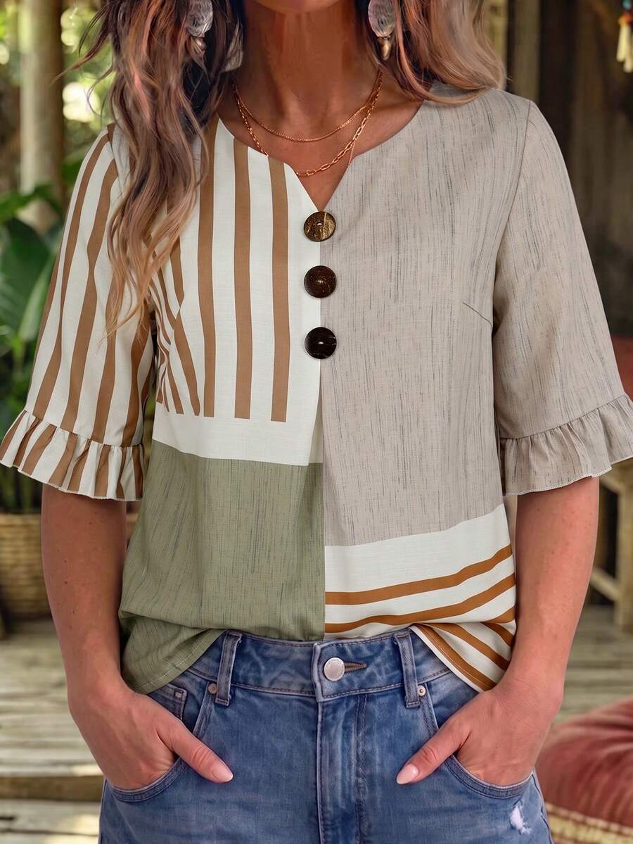 Linhara CURVE Plus Size Multi-Color Patchwork V-Neck Ruffle Sleeve Casual Elegant Blouse Fall - Multicolor - View 1