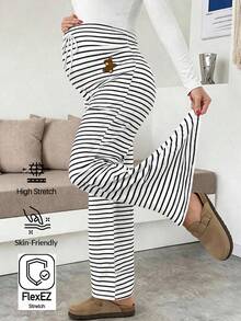 SHEIN Umstandshose mit verstellbarem Bund, Cartoon-Bären-Patch, gestreift, lässig, Schlaghose - Schwarz und Weiss - Übersicht 4