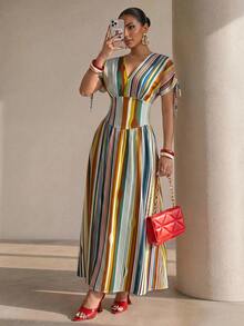 Structelle Vestido largo elegante de rayas coloridas con cuello en V, plisado, cordón ajustable, tirantes en los hombros, mangas y cintura acampanada, adecuado para primavera y verano - Naranja - Ver 3