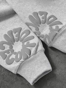 Manfinity EMRG Áo nỉ hoodie nam tay dài in chữ, có túi, phong cách thường ngày - Màu Xám nhạt - Xem 4