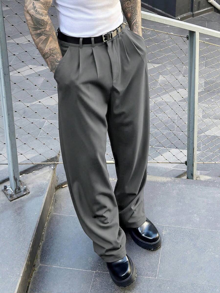 SLATEMANN 男士大尺碼黑色西裝長褲,休閒百搭直筒長褲 - 深灰色 - 查看 1