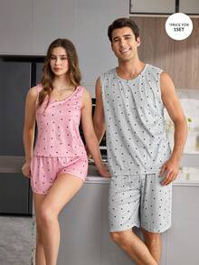 CoupledUp Heart Print Casual Back Print Couple Pajamas Plaid Bermuda Shorts Men's Sleepwear 2-Piece Set - Light Grey - View 6
