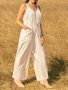 Levarali Women's Sleeveless Long Jumpsuit, Solid White With Tassels, Front Zipper, Straight Wide Leg Pants, Spring/Summer Elegant Cowboy Western Casual Boho - White - View 12