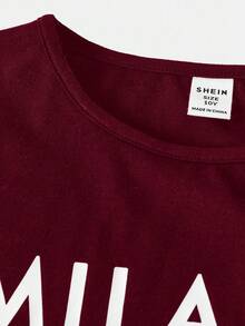 SHEIN 青少年女孩休閒酒紅色圓領字母印花抓皺長袖修身針織T恤與修身喇叭褲套裝，喇叭褲套裝，母女套裝 - 酒紅色 - 查看 7