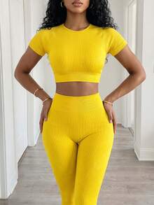SHEIN BamGlam 纯色无缝女式短款上衣和紧身裤运动套装，高弹力 - 黃色 - 查看 4