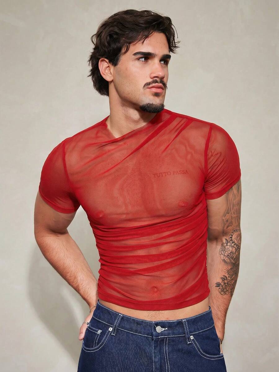 FeverCity Men's Solid Color Mesh Short Sleeve Slim Fit T-Shirt - Red - View 1