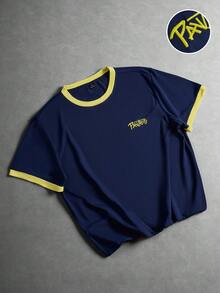 PAVTROS 男士街頭風 INS 套裝，拼色拼接設計，刺繡工藝，日常穿著，送給男友/丈夫的禮物，週年紀念禮物，海軍藍 T 恤 - 彩色 - 查看 3