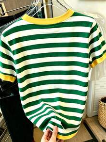 Resyla Limoncello Lemon Floral Striped Tee Women Contrast Yellow Trim Short Sleeve T-Shirt - Multicolor - View 2