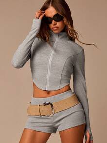 Athîral Women's Casual Stand Collar Long Sleeve Curved Hem Top And Shorts Sports Set, Suitable For Casual Yoga Running Daily Workout Gym Wear - Grey - View 5